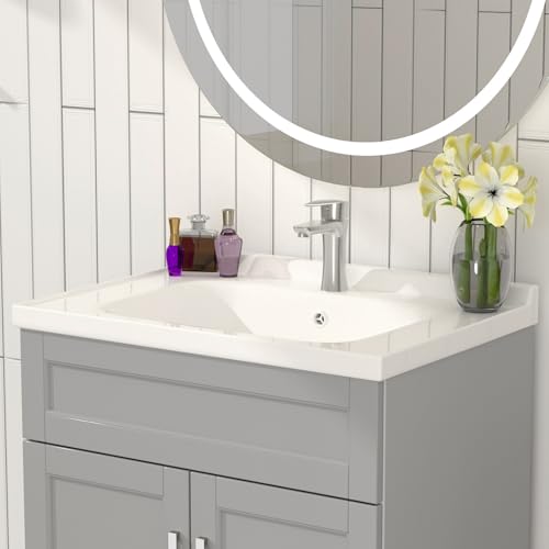 OLD CAPTAIN Bathroom Vanity with Ceramic Sink, Wooden Double Door Bathroom Storage Vanity with 24 Inch, Small Quick Assembly Bathroom Cabinet, White & Grey - Image 6