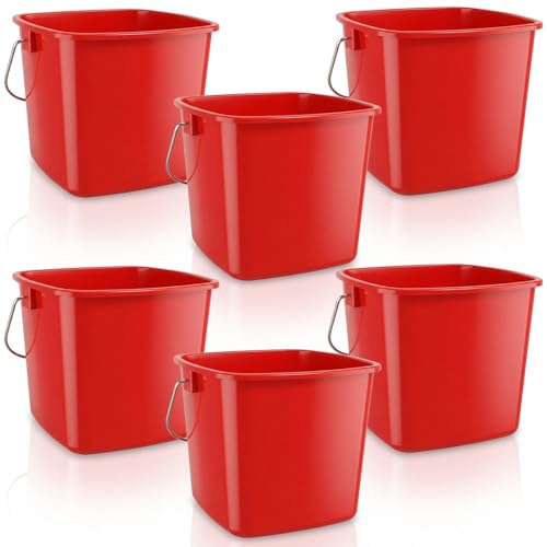 PercyEffie 6 Pcs 3 Quart Small Bucket Square Detergent Sanitation Bucket Plastic Small Cleaning Pail with Handles Stackable Utility for Home Office Kitchen School Commercial Use Food ServiceRed
