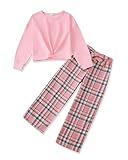 XUANHAO Teen Girl Clothes Winter Fall Girls Size 10 Clothes Fashion Long Sleeve Twist Front Pullover Tops Pink Plaid Pants Sweatsuits Sets School Outfits for Girl 9-10