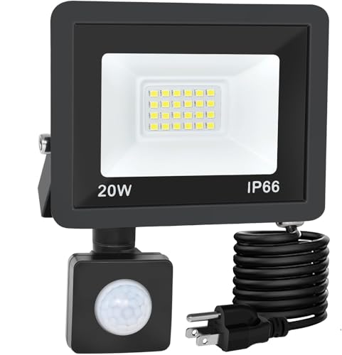 RERBIO Motion Sensor Outdoor Lights Plug in Flood Lights Outdoor Motion Sensor 20W Dusk to Dawn Outdoor Lighting 6000K Waterproof Adjustable Wall Security Lights for Garage Porch Yard