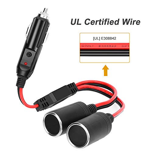 [Upgraded Version] Electop 1 To 2 Car Cigarette Lighter Splitter Adapter Power Charger Port, 12V 24V Plug Socket 2-Way Splitter Y Adapter, 10 Inch Cigarette Lighter Extension Cord 16Awg With 15A Fuse #TOP3