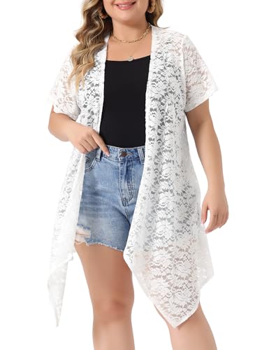 Image of Agnes Orinda Plus Size Lace Crochet Cardigan for Women Open Front Short Sleeves Sheer Cover Up Jacket