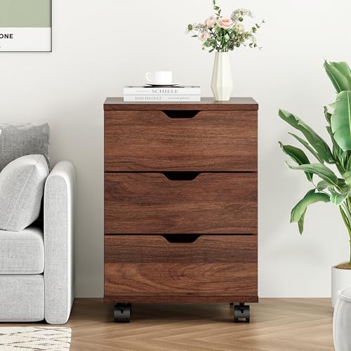 Image of Farini 3-Drawer Under Desk Wooden File Storage Cabinet with Lockable Caster for Home Office,Brown,Required Assembly