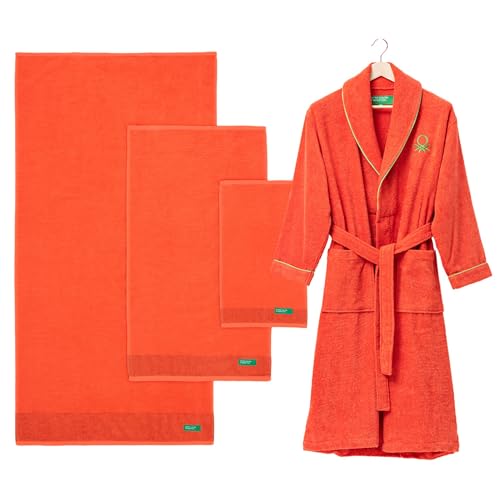 UNITED COLORS OF BENETTON. Set de 3 toallas de baño 100% algodón rojo + albornoz L/XL