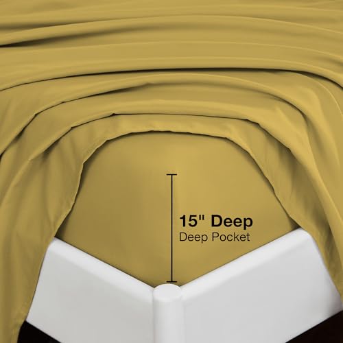 Image of Softan Microfiber King Sheet Set with Non-Slip Straps, Mustard Yellow | 15 inch Deep Pocket Fitted Bed Sheets, Double Brushed Microfiber, Cozy Sheets & Pillowcase for All Season