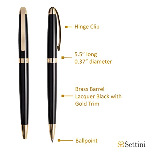 Settini Milano Pen. Luxury Pen. Metal Pen Lacquer Black With Gold Trim Ballpoint. Fancy Nice Gift Pen Set. Hinge Clip. Black German Ink. Best Pen. Professional, Executive Office, Nice Pens #TOP2