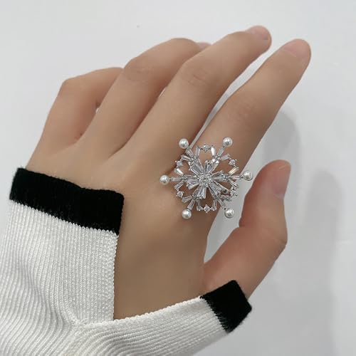 Spinner CZ Pearl Snowflake Fidget Statement Ring for Women - Dainty Crystal Winter Flower Rotated Relief Anxiety Finger Band Adjustable Open Wedding Engagement Promise Rings Delicate Christmas Jewelry2