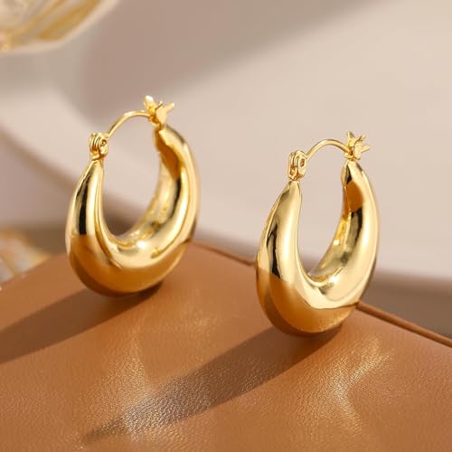 Image of Shining Diva Fashion Anti Tarnish Jewellery Celebrity Inspired 14k Real Gold Plated Simple Plain Link Chain Chunky Huggie Hoop Trendy Stylish Copper Earrings for Women Girls