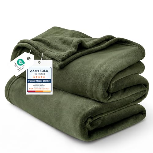 Image of Bedsure Fleece Blanket Queen Blanket Olive Green - Bed Blanket Soft Lightweight Plush Fuzzy Cozy Luxury Microfiber, 90x90 inches