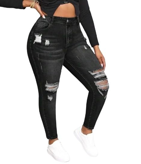 Plus Size Women's Distressed Skinny Fit Denim Jeans - Casual Ripped Design with Medium Stretch and Pockets2