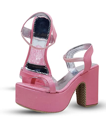 Image of Digni Nude Heels Sandal for Women Open Toe Ankle Strap Chunky Heel Pump Sandals Party Wedding Strappy Buckle Sandals