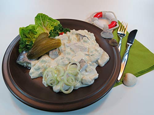 GreetFish Friesischer-Sahnetopf, Bismarckhering in Stücken, Sahnesauce, Äpfel, Zwiebel, GewürzGurke, mild-säuerlich, 500g