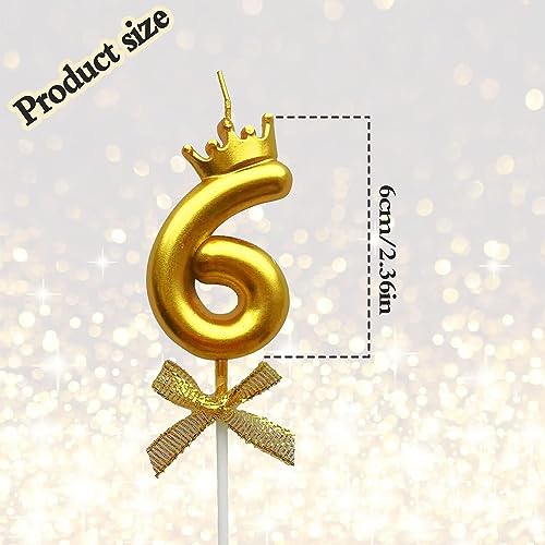 Image of 1 Pc 6 Number Candle for Birthday Cake Metallic Gold Number 6th Birthday Cake Decoration Six Candle with Crown on Top Cake Topper 0-9 Number Candles for Anniversary (Pack of 1, Gold)