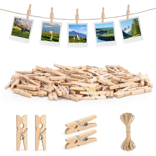 jijAcraft 2.5cm Mini Wooden Pegs: 100Pcs Mini Pegs for Hanging Photos Cards Natural Small Wooden Clips with 10M Jute Twine for DIY Crafts Wedding Decoration