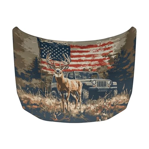 Image of American Flag Deer Car Hood Cover Protector 59x39 Inch Waterproof Sun Proof Car Hood Wrap Blankets Automotive Exterior Accessories for Most SUV Sedans Trucks Pickup