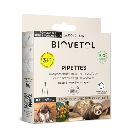 Biovetol - BIOVETOL - Pipettes Antiparasitaires Rongeurs & Petits mammifères - Bio Certifié Ecocert - Anti-puces, Anti-Tiques, Anti-moustiques, Anti-poux (3 pipettes + 1 Offerte) - Conçu et fabriqué en France
