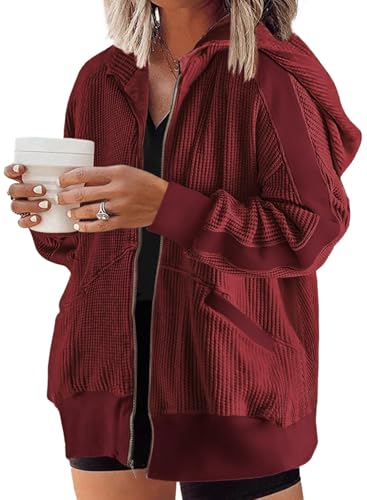 Eytino Womens Plus Size Waffle Knit Shacket Jacket Oversized Long Sleeve Zip Up Boyfriend Shirt Tops,2X Red