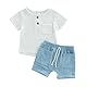 Yassiglia Baby Jungen Sommer Zweiteiler Outfit Musselin Kleidung Set Neugeborene Weiche Bekleidungssets Leinen T-Shirt + Elastische Shorts (Weiß+Blau, 12-18 Months)
