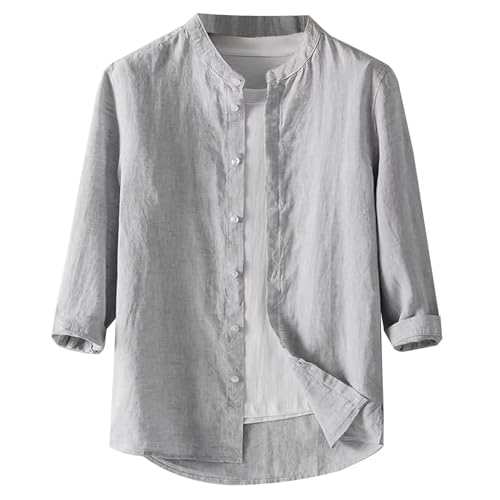 Generisch Camisa de lino para hombre, manga corta, transpirable, fina, camisa de verano, vacaciones, playa, camisa de manga corta, monocolor, cuello alto, camisa de ocio, informal, informal, camiseta