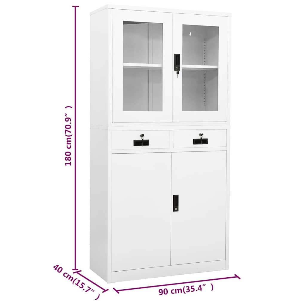 Armario de oficina blanco 90 x 40 x 180 cm de acero y vidrio templado con 3 estantes ajustables con cerradura, para archivos, espacio de almacenamiento, oficina, salón, pasillo, sótano