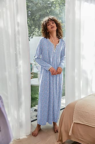 Ekouaer Women Winter Nightgown Long Sleeve Night Shirt Dress Henley Full Length Sleepshirt Chemise Blue Xxlarge #TOP2