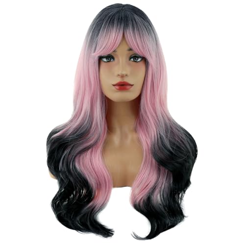 MAGQOO Pink Black Ombre Wig Women Girls Pink Black Ombre Wig with Bang Two Tones Ombre Dark Roots Wig Halloween Cosplay Costume Party Wig