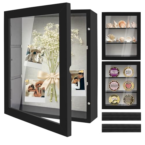 Image of Shadow Box Frame 8x10, Shadowbox Display Case Picture Frame with Linen Back and Removable Shelves, Wooden Memory Box for Wedding Bouquet, Pet Memorial, Medals