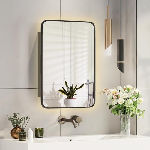 Mepplzian Spiegelschrank Bad mit Beleuchtung,42x60cm,Badezimmer Spiegelschrank,3 Lichtfarbe Einstellbar,Einzeltür,LED Badezimmerschrank mit Spiegel,Badschrank Hängend mit Licht,Schwarz