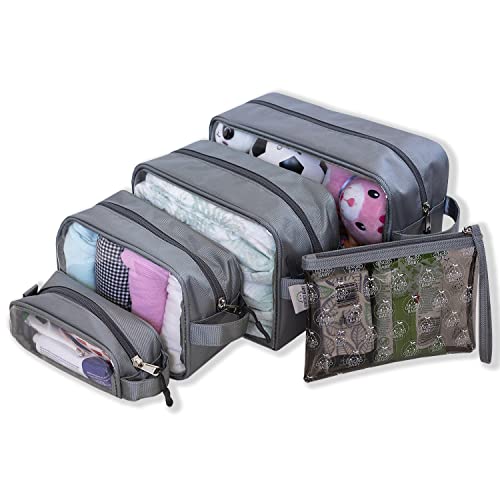 Image of Gingko Baby Supa Tough Diaper Bag Organizing Pouches Set of 5 - Premium Quality Clear Organizer Inserts - Versatile Wipe Clean Baby Packing Cubes - Nursery and Travel Organization (Silver Grey)