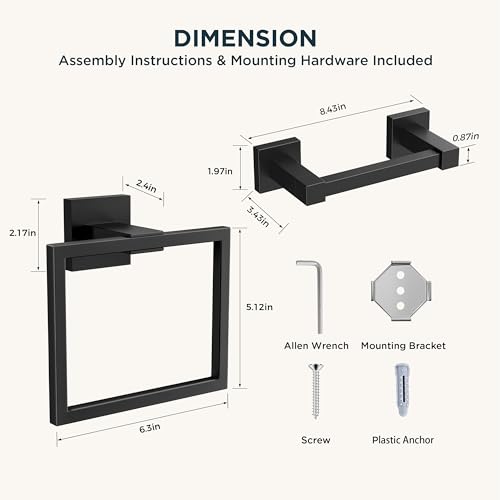 FORIOUS Toilet Paper Holder Wall Mount, SUS 304 Stainless Steel Square Double Post Pivoting Tissue Roll Holder and Hand Towel Ring Set, Bathroom Hardware Accessories Set, Matte Black - Image 7