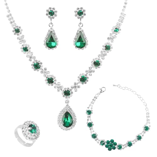 LjFrexia Parure Bijoux Femme, 4 Pièces Ensemble Goutte d'eau Cubique Zircone Collier, Bracelets, Boucles d'Oreilles et Bague, Ensemble de Bijoux de Mariée, pour Fête...
