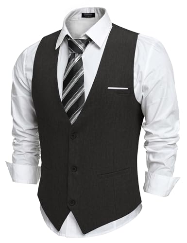COOFANDY Anzug Weste Herren Anzugweste mit Taschen Gilet V-Ausschnitt Hochzeitsweste Suit Vest Business Weste Formelle Smoking Anzugweste Frackweste Elegant Schwarz L