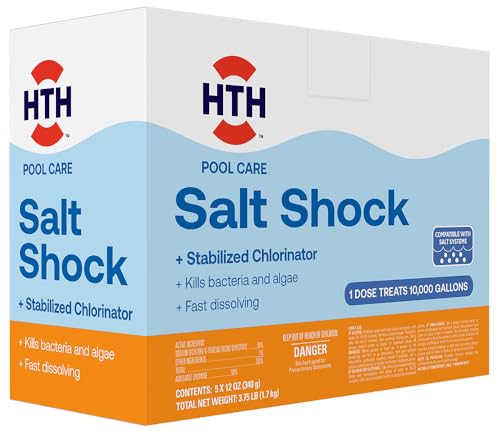 HTH 52047 Swimming Pool Care Salt Shock, Stabilized Chlorinator, 1 dose Treats 10000 gallons, 5x12oz Packets