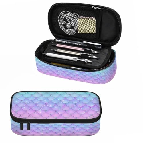 Image of Mermaid Scales Pencil Case Organizer Pink Blue Fish Scales Glitters Line Underwater Sea Stationery Box Makeup Box School Supply for Boy Girl Men Women