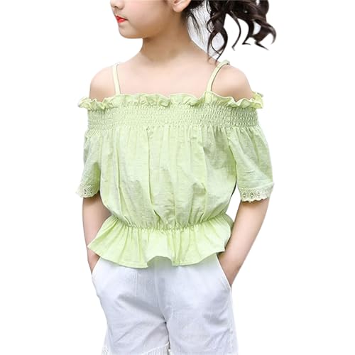 Girls Cute Summer Clothes Spaghetti Strap Smocked Off Shoulder Lace Short Sleeve Tops Solid Fashion Casual Clothes