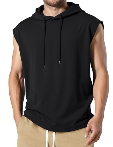 JMIERR Mens Sleeveless Drawstring Hooded Tank Tops Muscle T-Shirt - Casual Spring Summer Fitted Cotton Hoodies Sweatshirts Tee Shirt for Gym Workout Daily Wear M Black
