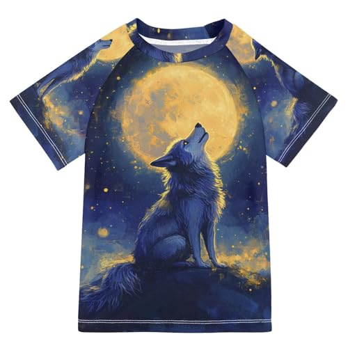 Jucciaco Boys Swing Shirts Wolf Starlit Sky Moon Rashguard Short Sleeve Kids T-Shirts Sun UPF 50+ Multicoloured