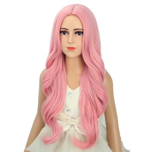 Image of Pale Pink Wig Long Pastel Pink Wavy Curly Wig Long Middle Part Wigs Heat Resistant Synthetic Hair with Cap (Small Size)