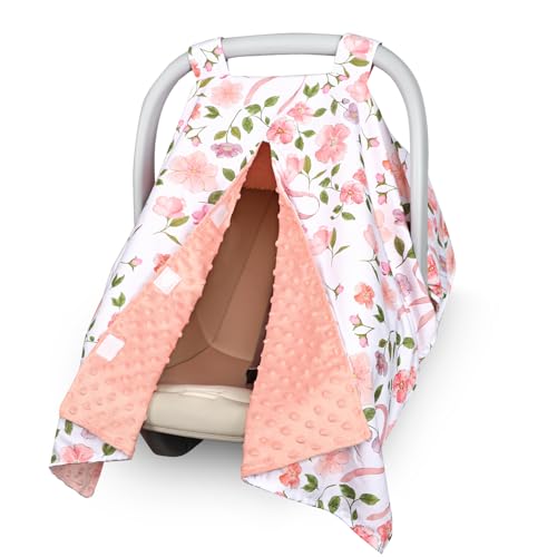 Image of TANOFAR Baby Carseat Canopy, Peekaboo Opening Car Seat Canopy for Babies, Soft and Breathable Infant Carrier Canopy, Multi-use Baby Carrier, Stroller, Nursing Cover, Minky Blanket, Pink Bow