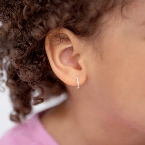 14k Yellow Gold Tiny Cubic Zirconia 9mm Hoop Earrings For Toddlers and Girls - Little Girls Cubic Zirconia Hoop Earrings - Small CZ Hoops For Young Girls3