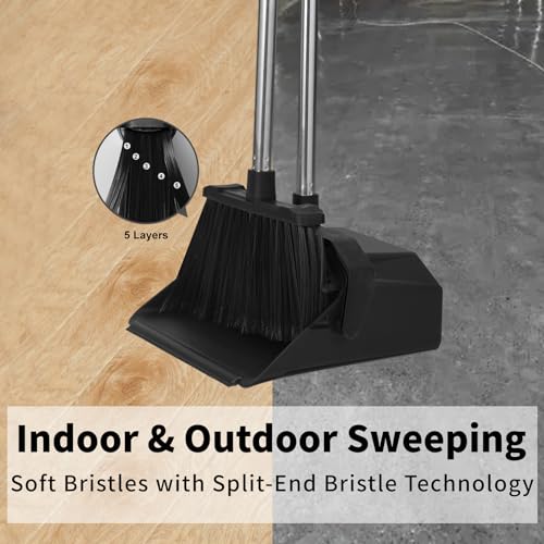 Image of Tiumso Commercial Broom and Dustpan Set, 3-Pack Broom with Dustpan Combo Set, Industrial Brooms and Dustpans Sets 51 inch Long Handle, Large Brooms and Dust Pan for Hall Lobby Office Garage - Black