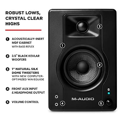 M-AUDIO BX3 Pair Bluetooth Studio Monitors Bundle with Headphones for Studio Recording, Music Production, Podcasting, Streaming