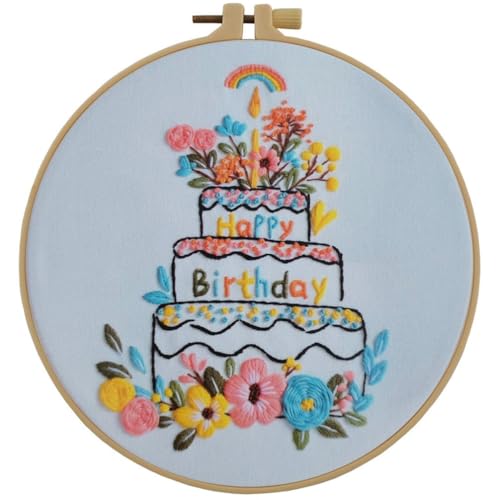 Image of Esffaci Embroidery Starter Kit for Adult Beginner with Birthday Cake Candle Flower Pattern Hand Embroidery Set with Cloth Hoop Needle Threader Floss and Instruction