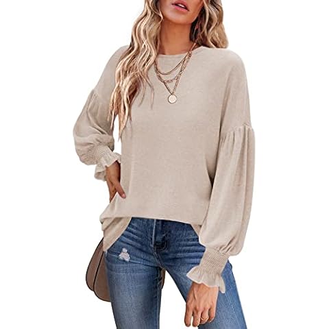 MIHOLL Casual Tops for Womens Ruffle Lantern Sleeve Crew Neck Long Sleeve Blouse T Shirts(Oatmeal,Small) Cover