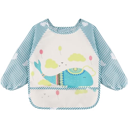 Vancle Babero con Mangas Largas, Babero con Mangas Impermeable, para Bebes Unisex 6-36 Meses, Lavable a Máquina (Ballena Azul)