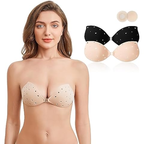 BOSOMBLISS Breathable Sticky Bra Strapless Push Up Bras for Backless Dress 2 Pairs with Storage Bag and Nipple Covers Cover