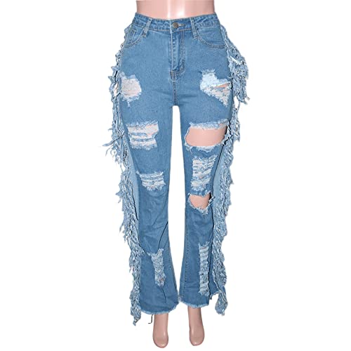 HGps8w Women's Skinny Tassel Jeans High Waisted Ripped Destroyed Denim Pants Cut Out Fringe Flare Jeans Trousers4