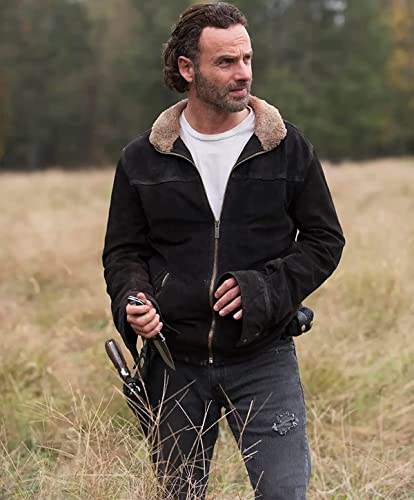 Rick Grime Brown Real Suede Leather Jacket Fur Collar Suede Biker Jacket - Walking Andrew Lincoln Jacket4