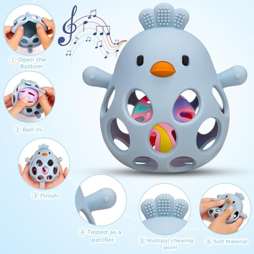 Image of Baby Teething Chick Toy, Upgraded Easy Grasp Silicone Teething Rattle Ball Toy for Babies Over 3 Months, 100% Food Grade, Gift for Infant Boys and Girls 0-6-12 Months (Blue)