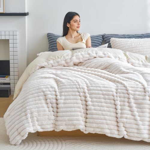 Image of Besfunny White Plush Comforter Cover Full Size ,Fluffy Striped Bedding 2pcs Set(1 Fuzzy Duvet Cover + 1 Fur Pillow Cases ) Faux Fur Luxury Bed Set (White, Twin)